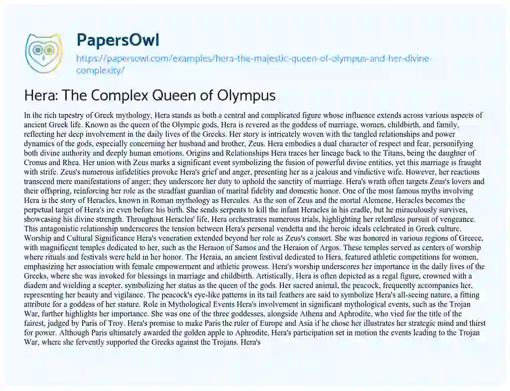 Essay on Hera: The Complex Queen of Olympus