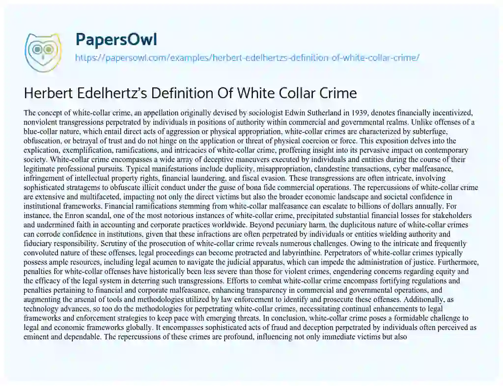 Essay on Herbert Edelhertz’s Definition Of White Collar Crime