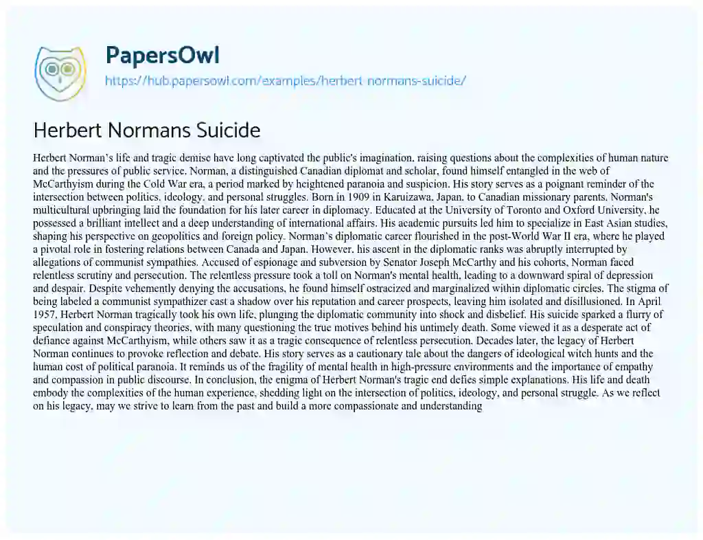 Essay on Herbert Normans Suicide