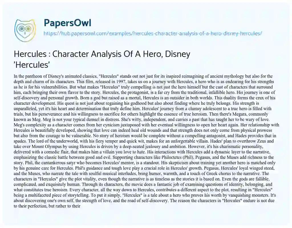 Essay on Hercules : Character Analysis Of A Hero, Disney ‘Hercules’