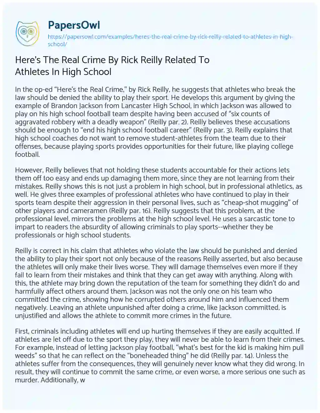 Essay on Here’s The Real Crime By Rick Reilly Related To Athletes In High School
