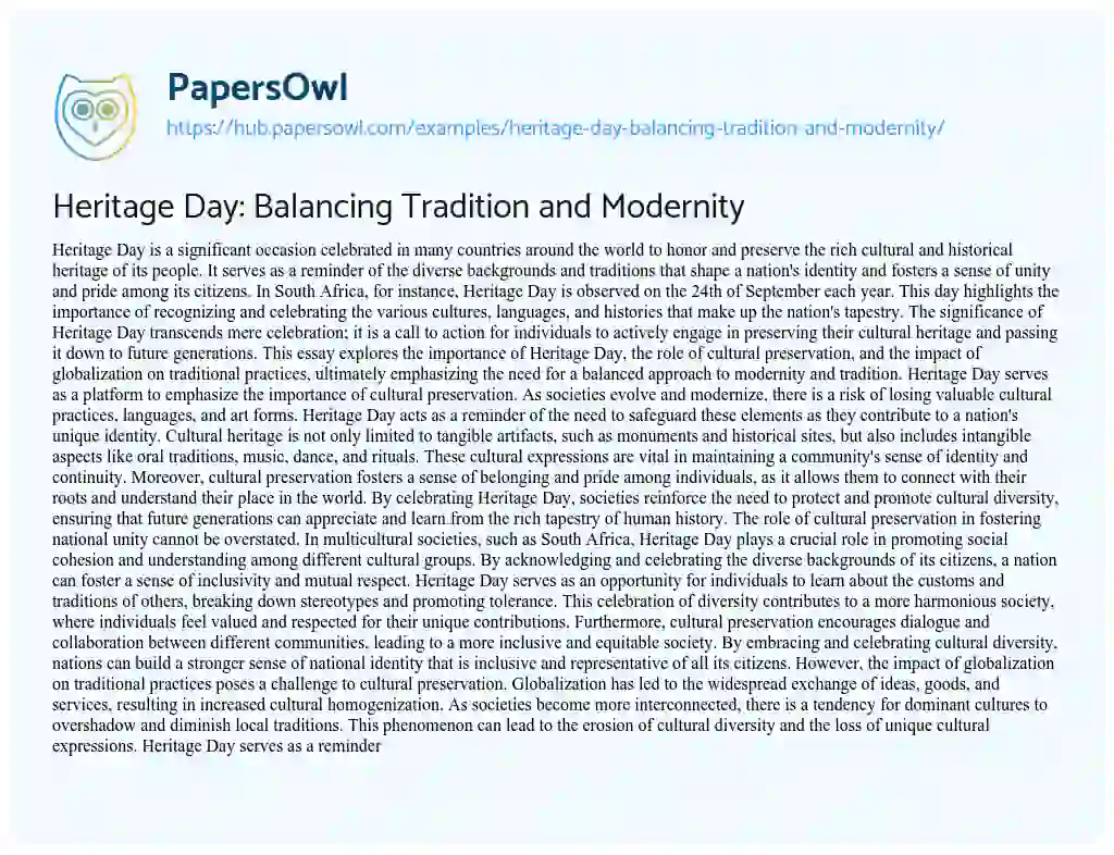 Essay on Heritage Day: Balancing Tradition and Modernity