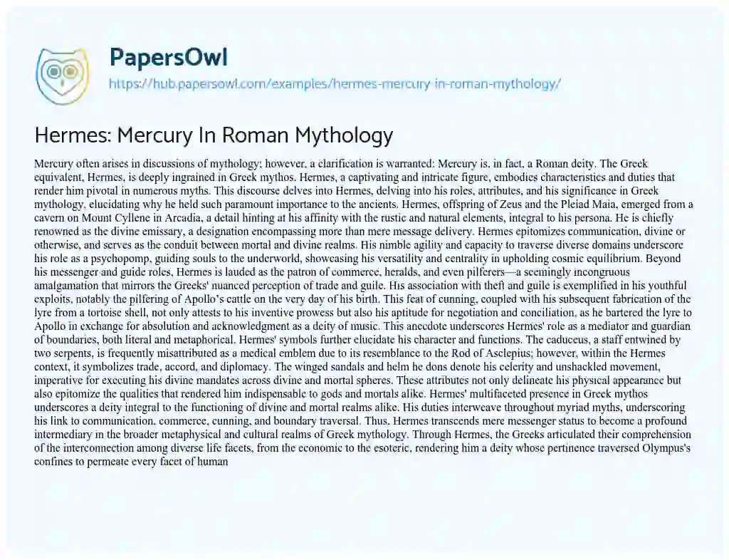 Essay on Hermes: Mercury In Roman Mythology