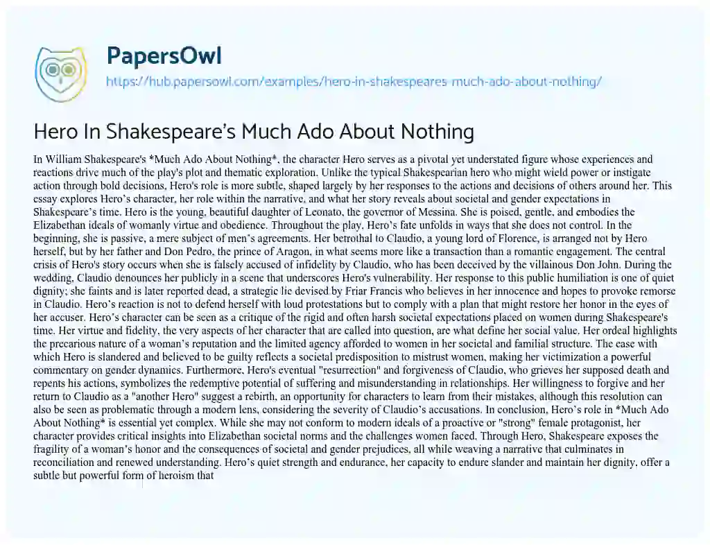 Essay on Hero In Shakespeare’s Much Ado About Nothing