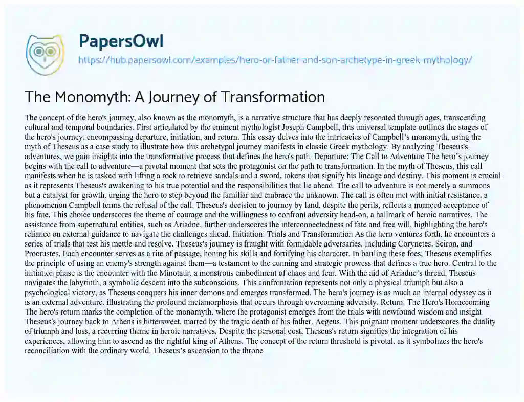 Essay on The Monomyth: A Journey of Transformation