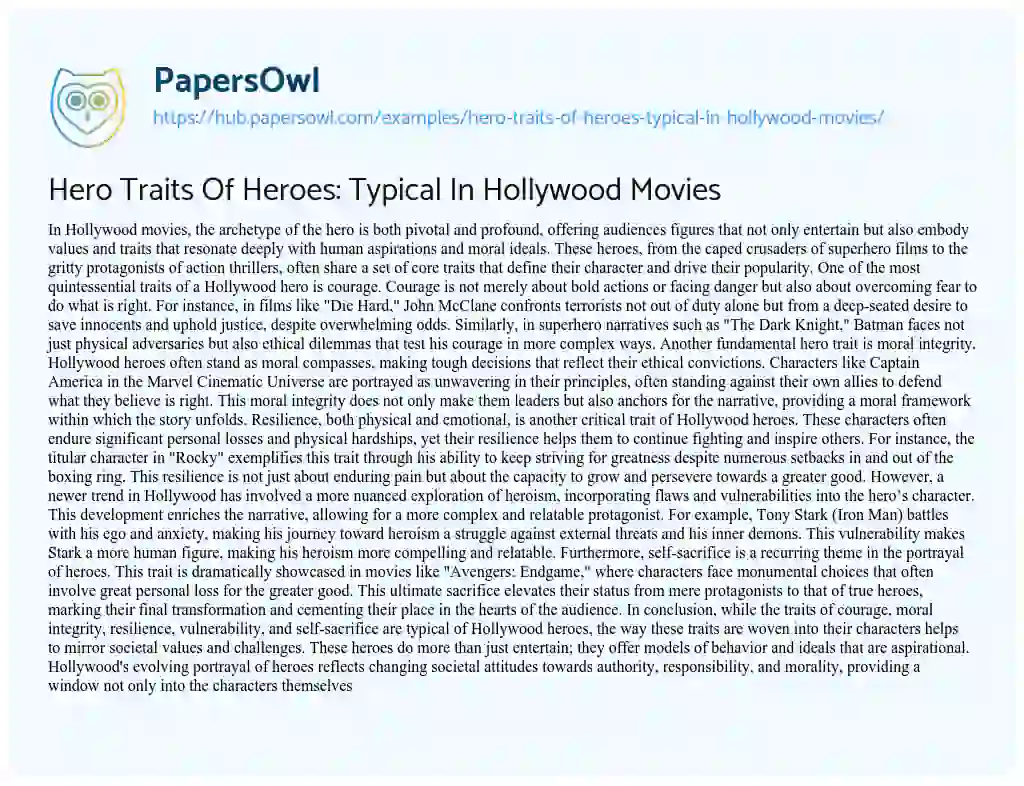 Essay on Hero Traits Of Heroes: Typical In Hollywood Movies
