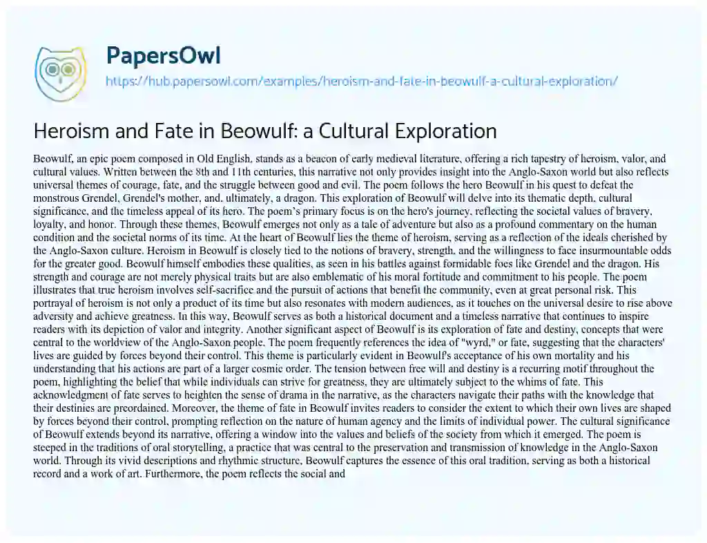 Essay on Heroism and Fate in Beowulf: a Cultural Exploration