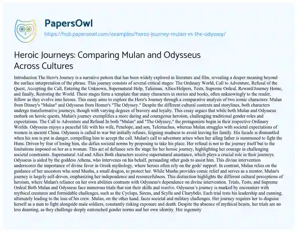 Essay on Heroic Journeys: Comparing Mulan and Odysseus Across Cultures