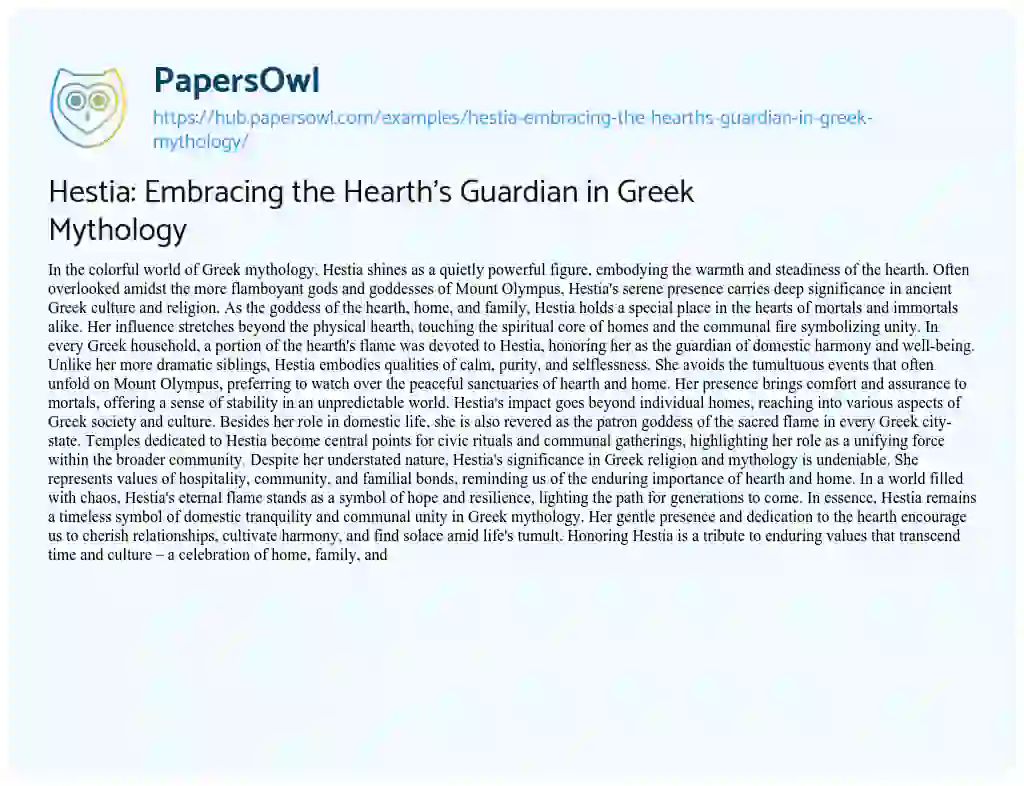 Essay on Hestia: Embracing the Hearth’s Guardian in Greek Mythology