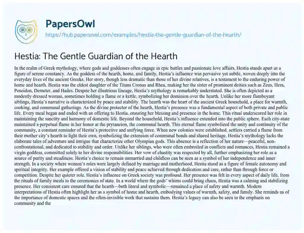 Essay on Hestia: The Gentle Guardian of the Hearth