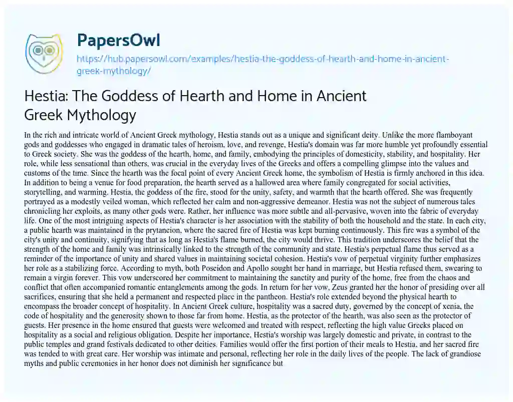 Essay on Hestia: The Goddess of Hearth and Home in Ancient Greek Mythology