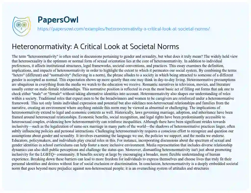 Essay on Heteronormativity: A Critical Look at Societal Norms
