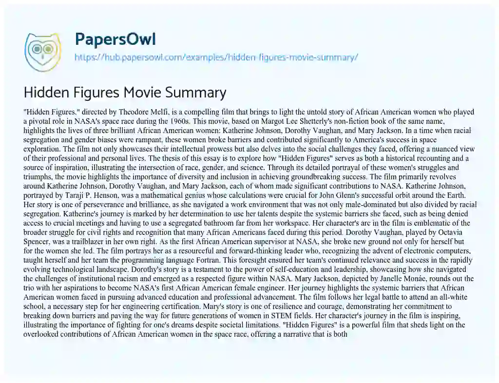Essay on Hidden Figures Movie Summary