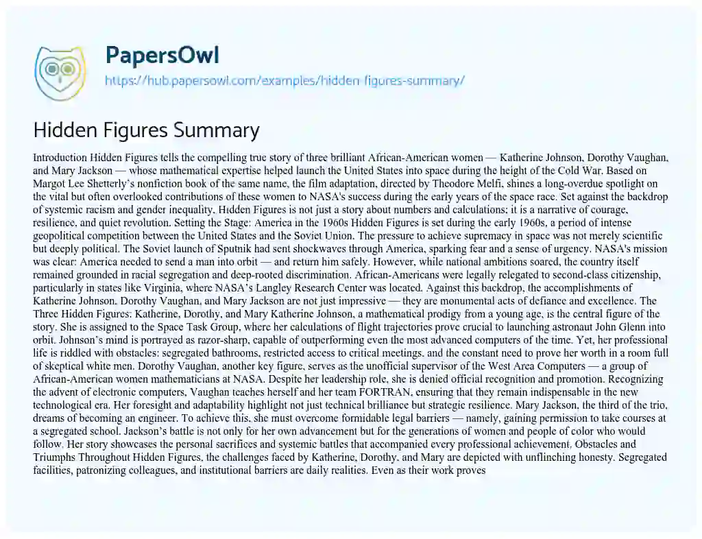 Essay on Hidden Figures Summary