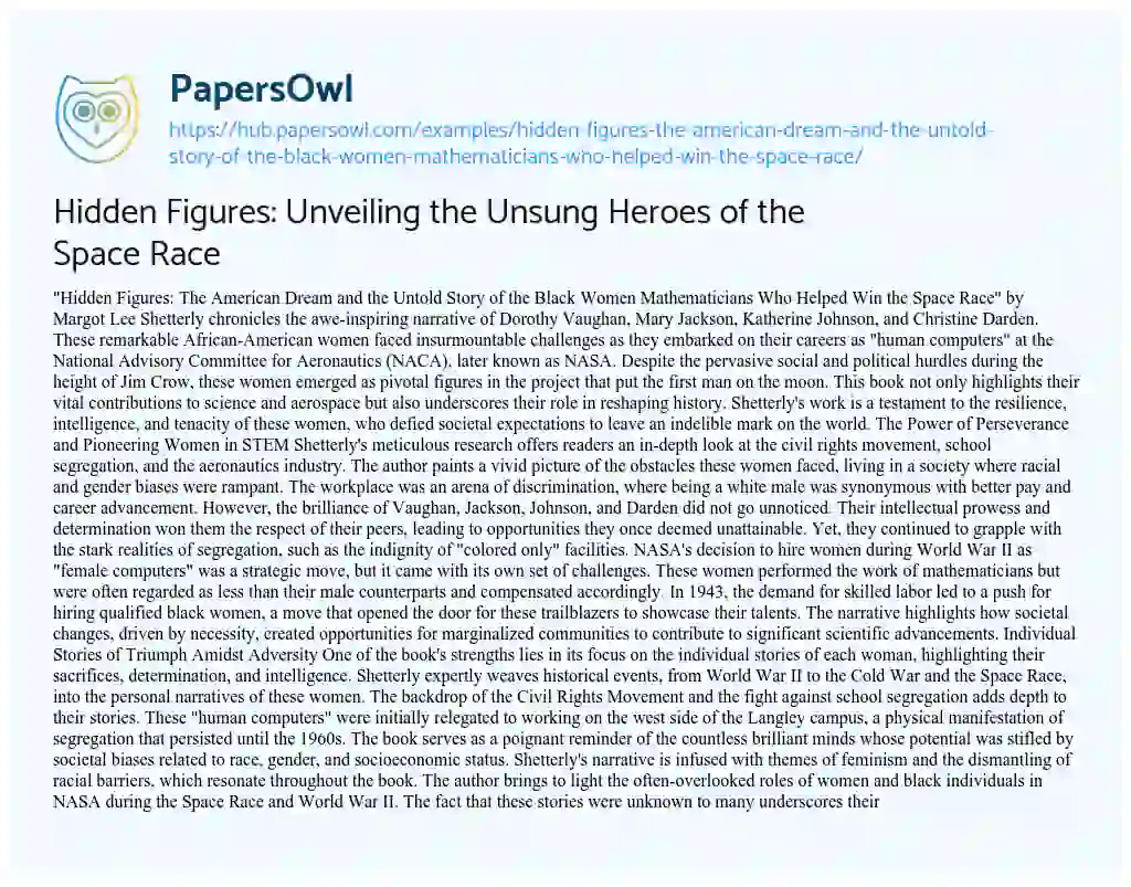 Essay on Hidden Figures: Unveiling the Unsung Heroes of the Space Race