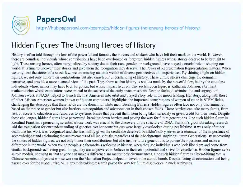 Essay on Hidden Figures: The Unsung Heroes of History