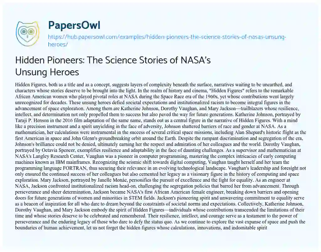Essay on Hidden Pioneers: The Science Stories of NASA’s Unsung Heroes