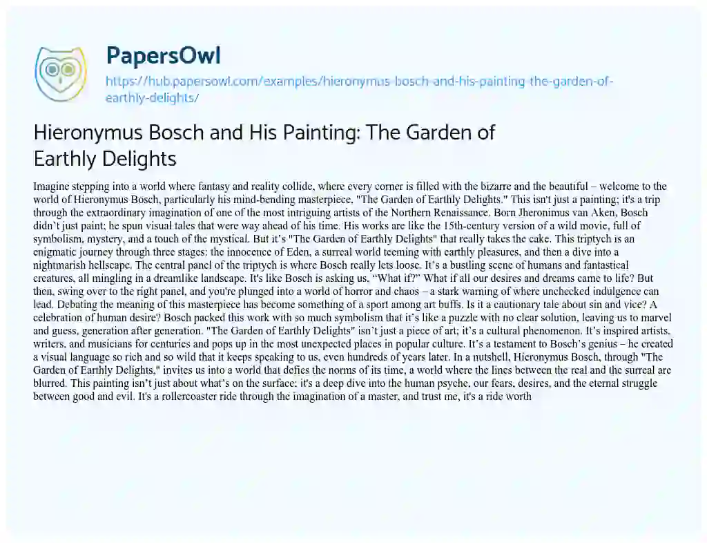 Essay on Hieronymus Bosch and His Painting: The Garden of Earthly Delights