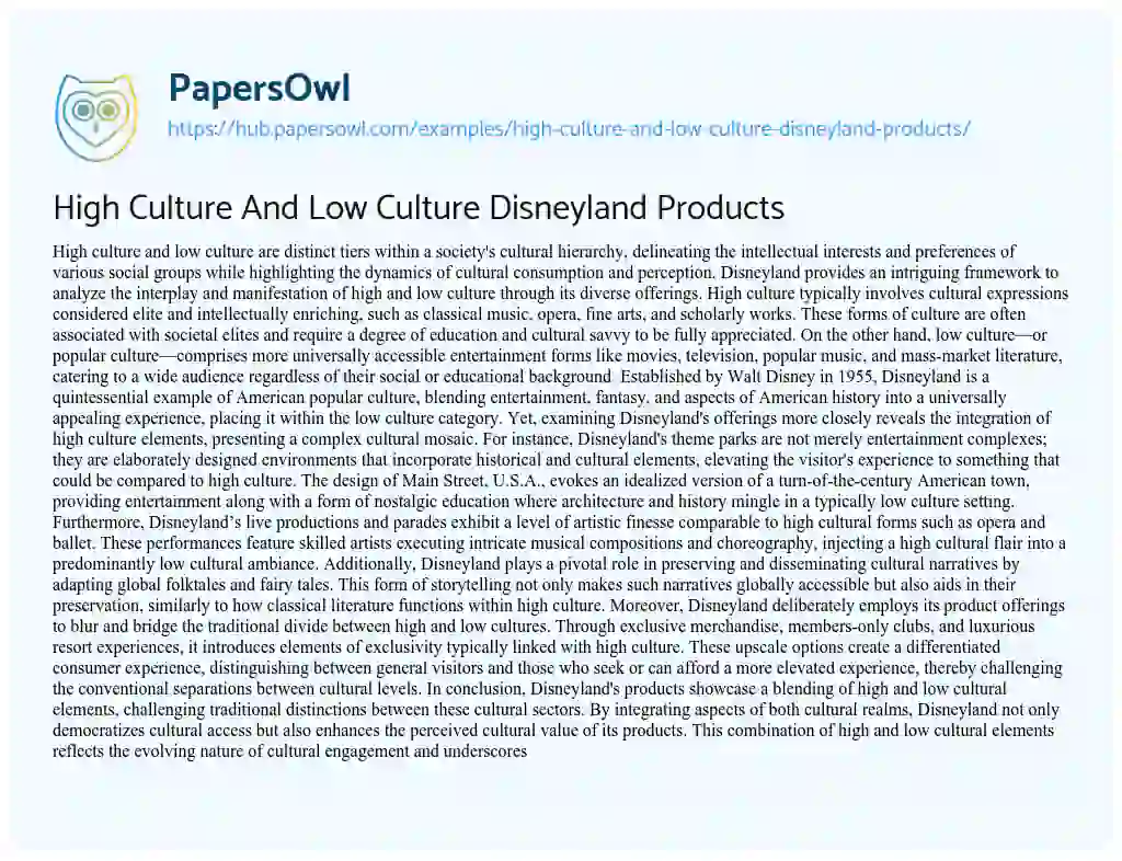 Essay on High Culture And Low Culture Disneyland Products