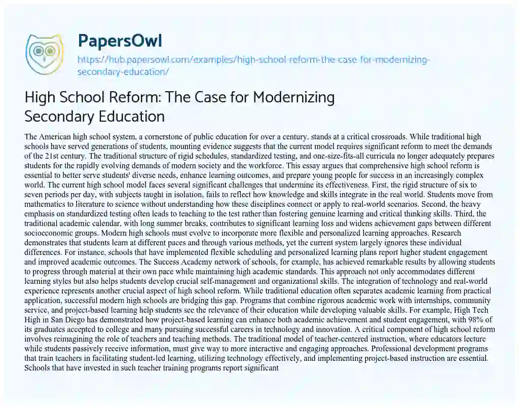 Essay on High School Reform: The Case for Modernizing Secondary Education