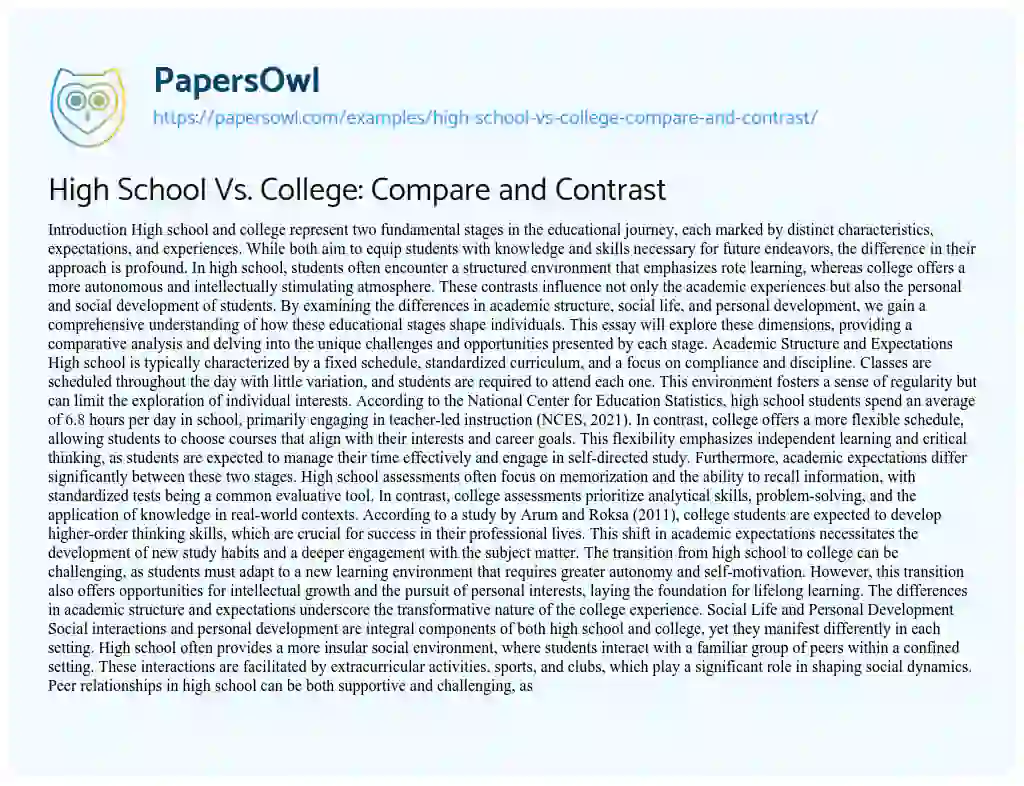 Essay on High School Vs. College: Compare and Contrast