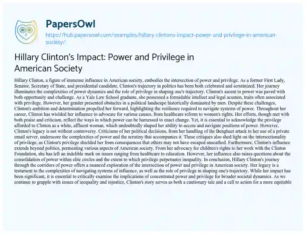 Essay on Hillary Clinton’s Impact: Power and Privilege in American Society