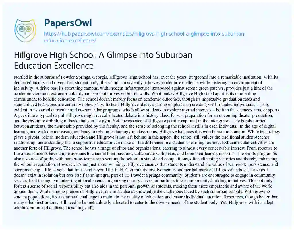 Essay on Hillgrove High School: A Glimpse into Suburban Education Excellence