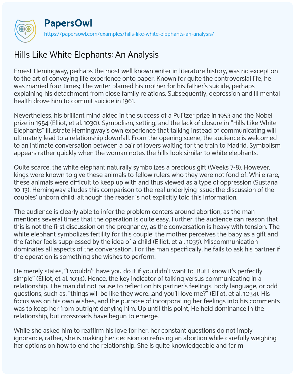 Essay on Hills Like White Elephants: An Analysis