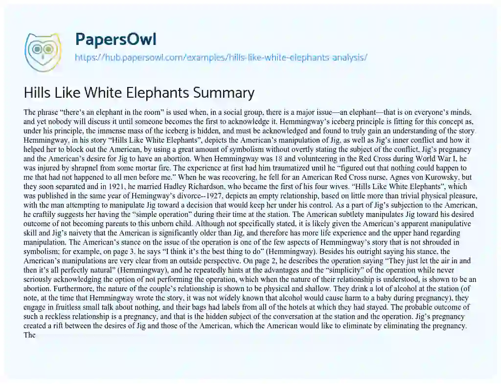 Essay on Hills Like White Elephants Summary