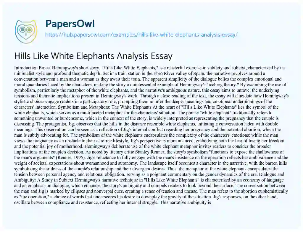 Essay on Hills Like White Elephants Analysis Essay