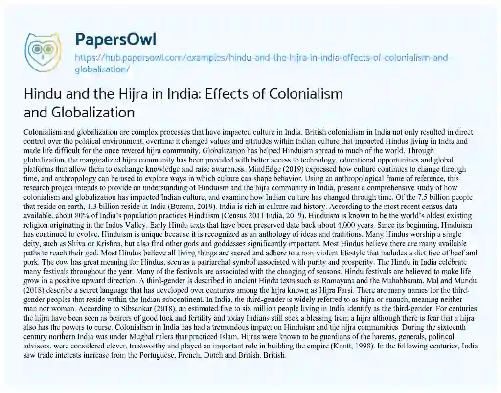 Essay on Hindu and the Hijra in India: Effects of Colonialism and Globalization