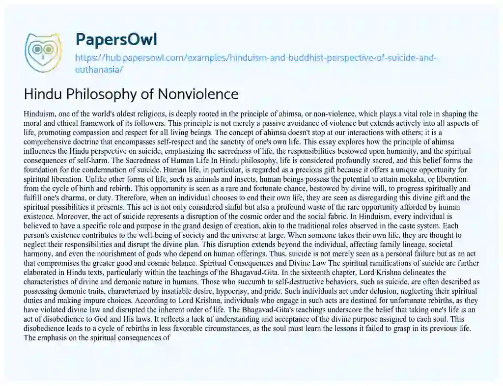 Essay on Hindu Philosophy of Nonviolence