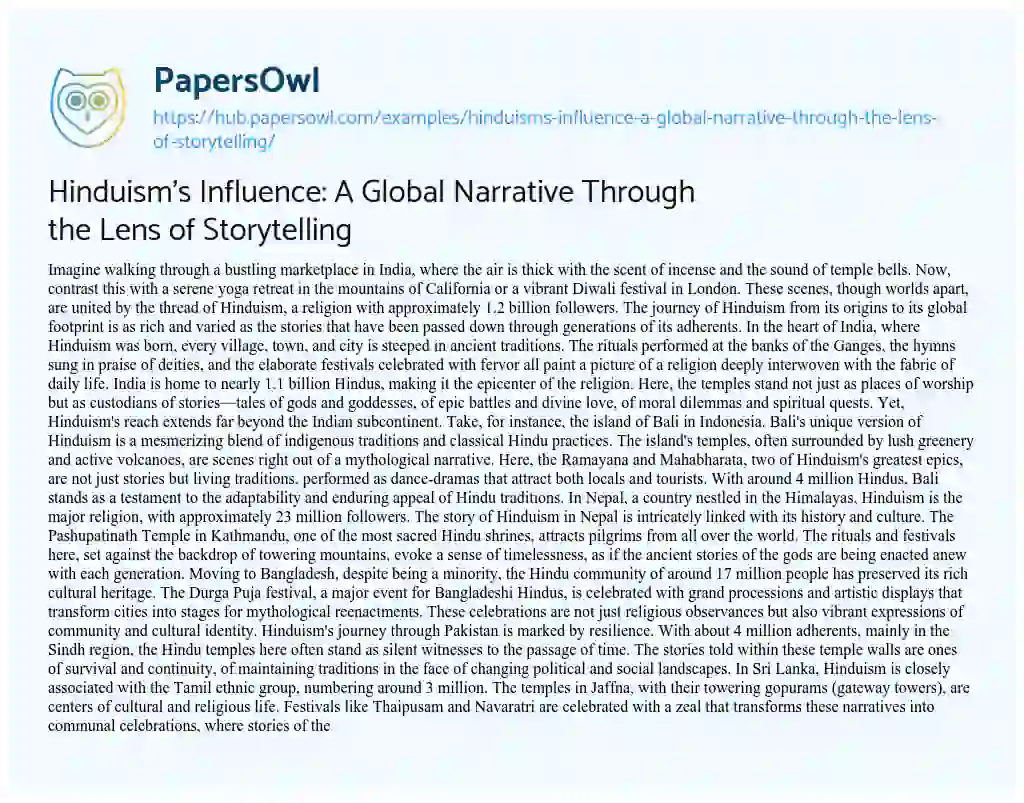 Essay on Hinduism’s Influence: A Global Narrative Through the Lens of Storytelling