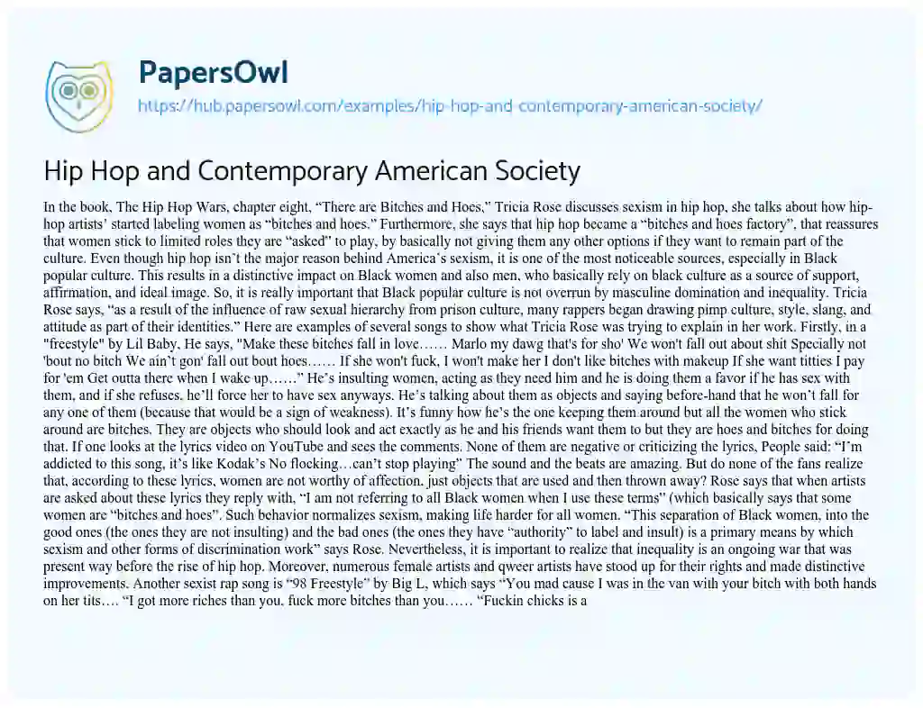 Essay on Hip Hop and Contemporary American Society