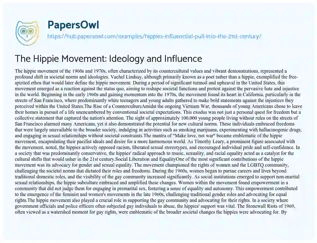 Essay on The Hippie Movement: Ideology and Influence