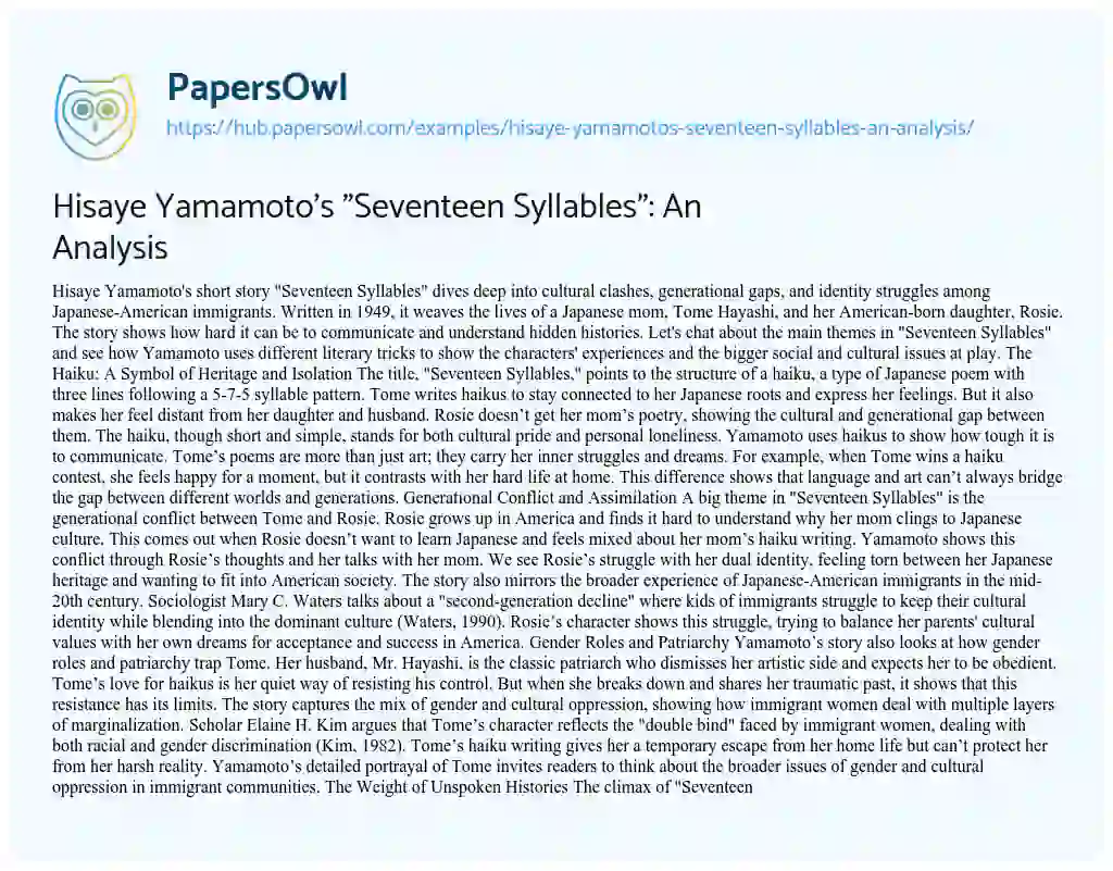 Essay on Hisaye Yamamoto’s “Seventeen Syllables”: An Analysis
