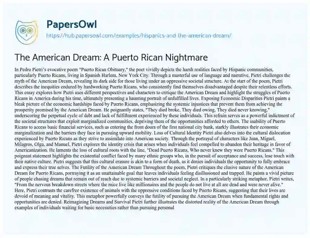 Essay on The American Dream: A Puerto Rican Nightmare