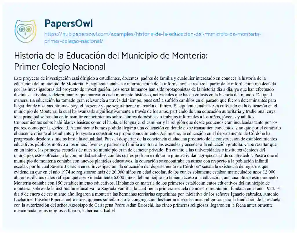 Essay on Historia de la Educación del Municipio de Montería: Primer Colegio Nacional