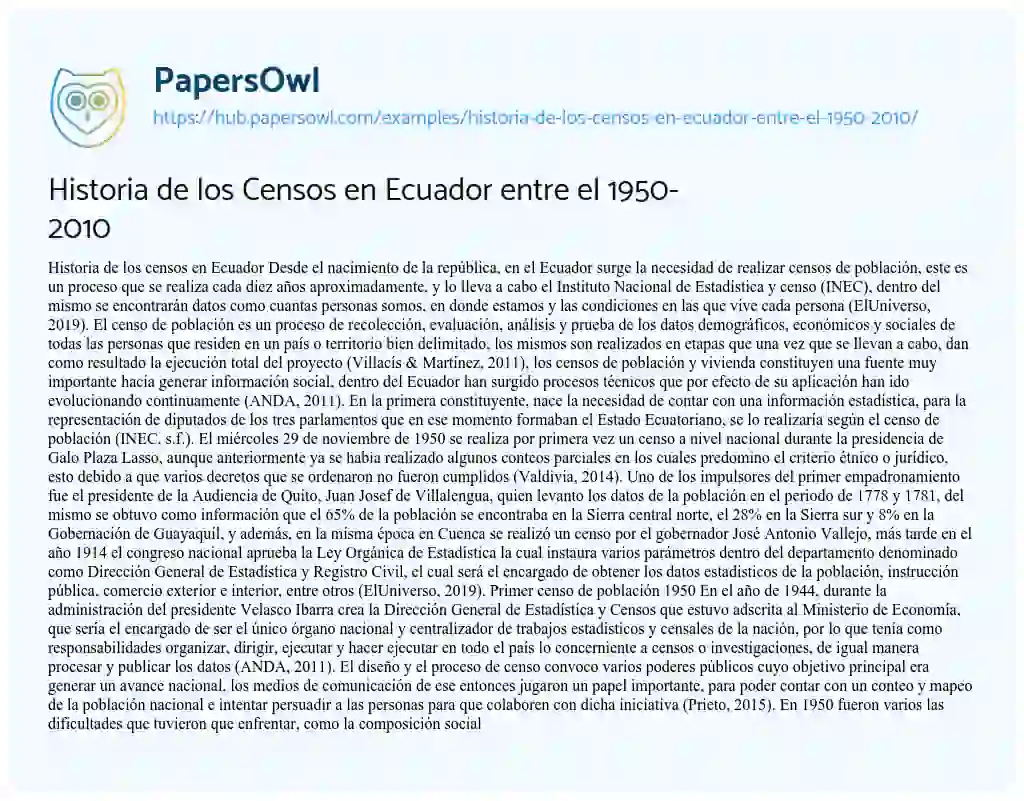 Essay on Historia de los Censos en Ecuador entre el 1950-2010