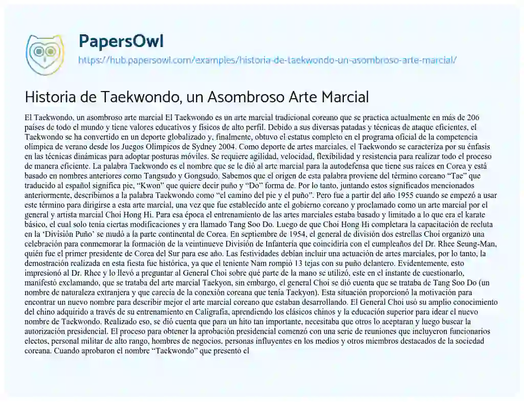 Essay on Historia de Taekwondo, un Asombroso Arte Marcial