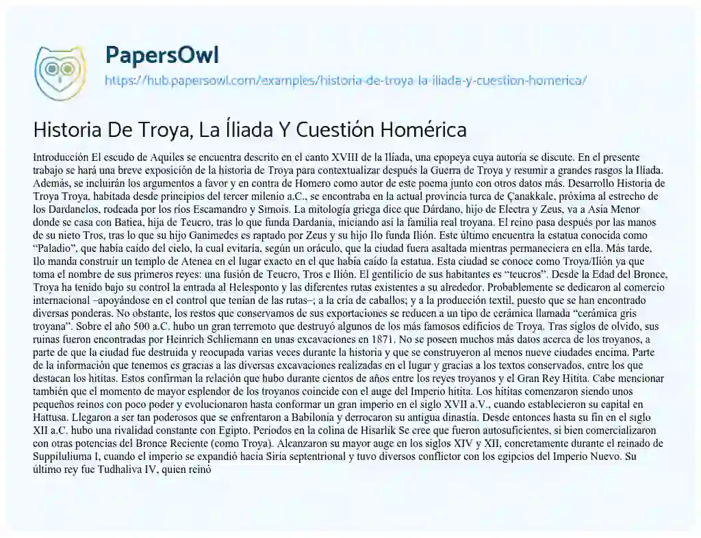 Essay on Historia De Troya, La Íliada Y Cuestión Homérica