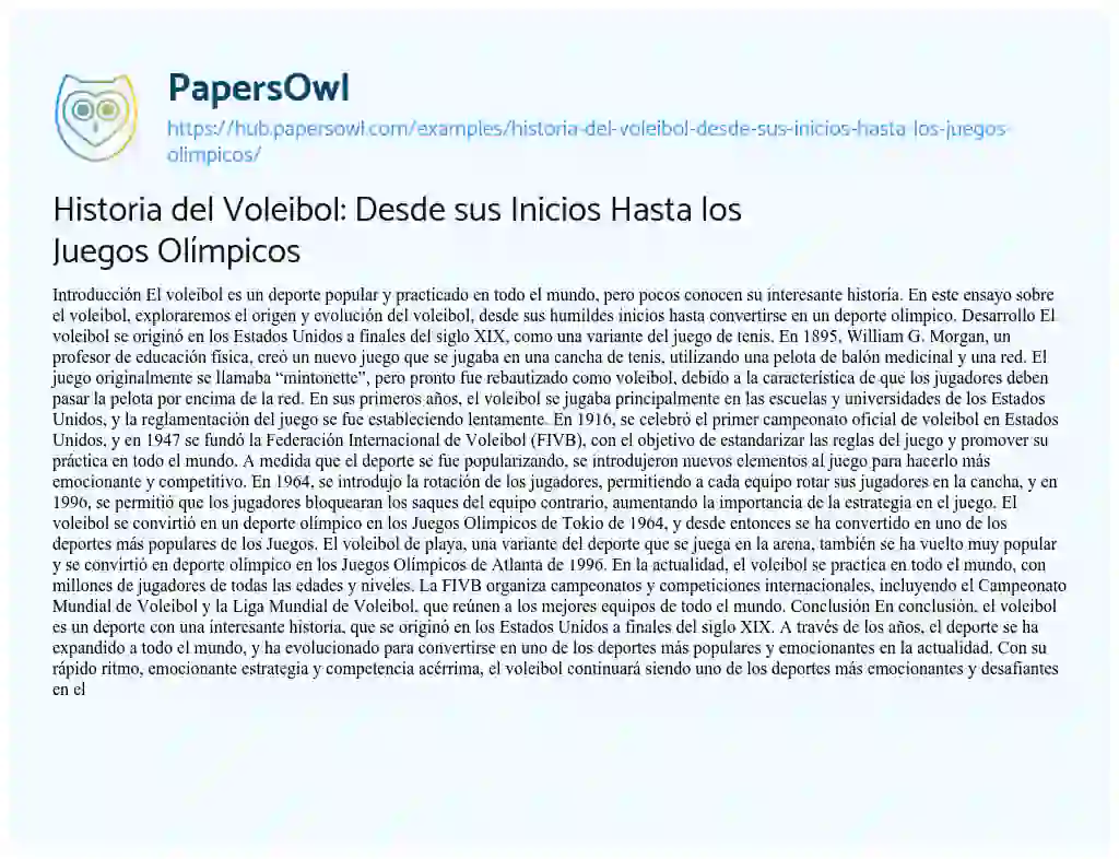 Essay on Historia del Voleibol: Desde sus Inicios Hasta los Juegos Olímpicos