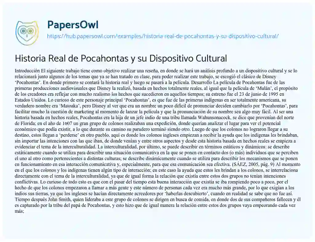 Essay on Historia Real de Pocahontas y su Dispositivo Cultural