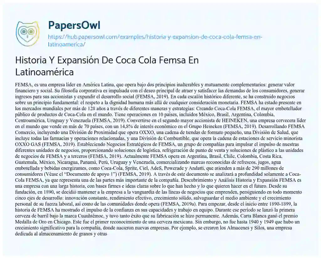 Essay on Historia Y Expansión De Coca Cola Femsa En Latinoamérica