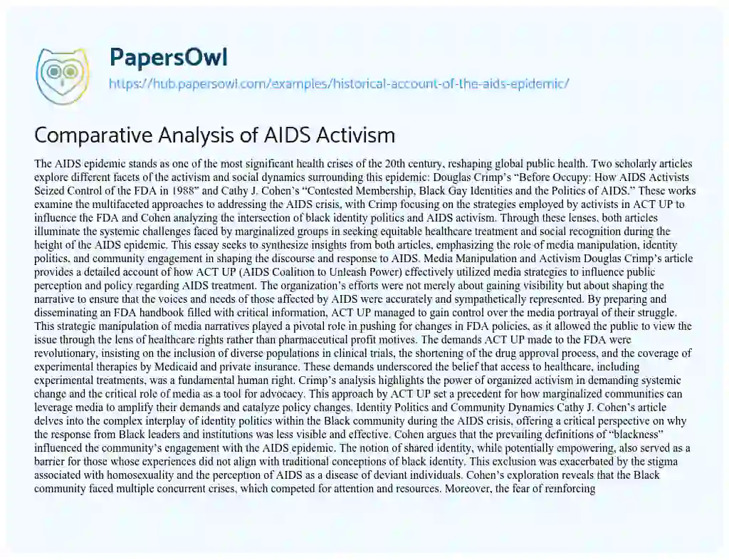 Essay on Comparative Analysis of AIDS Activism