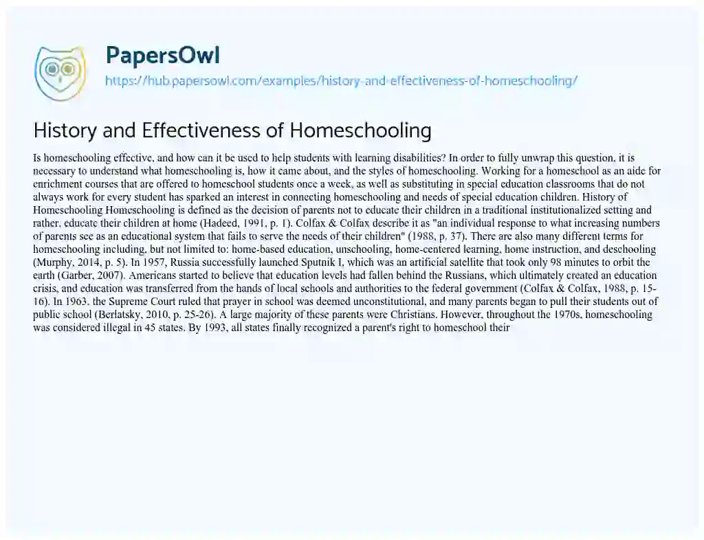 Essay on History and Effectiveness of Homeschooling