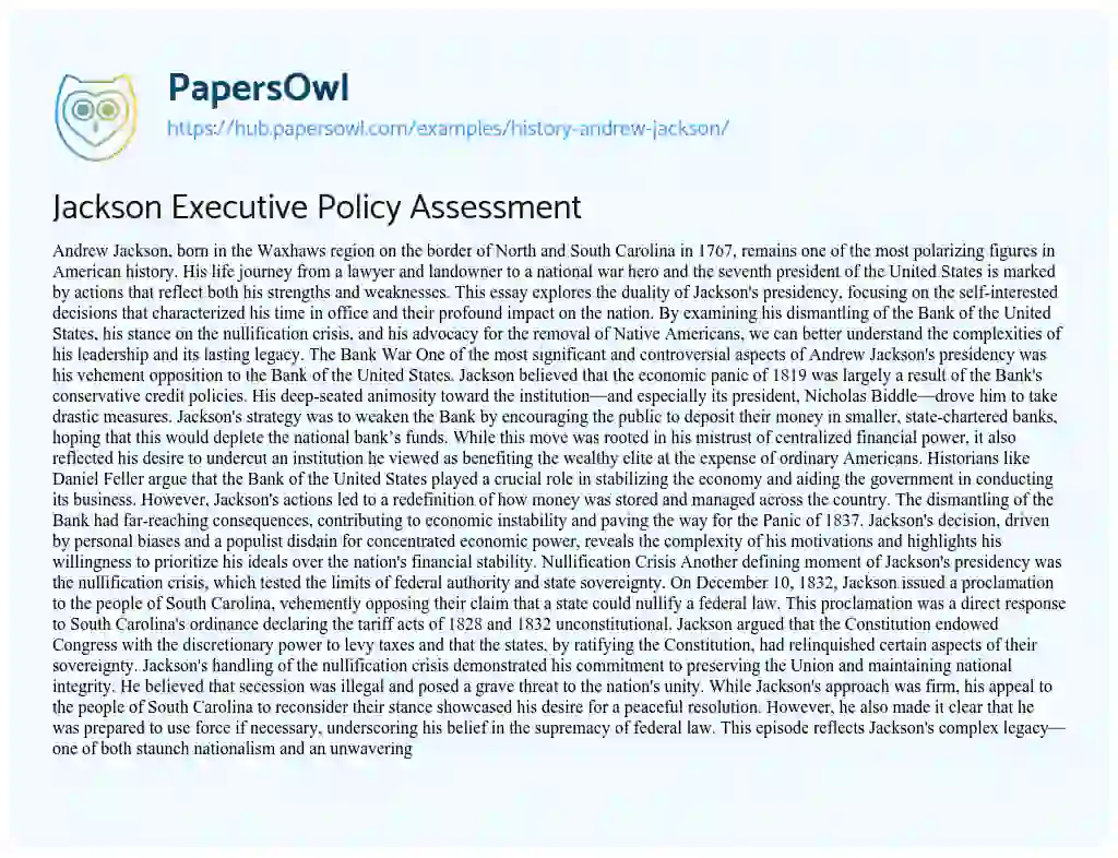 Essay on Jackson Executive Policy Assessment