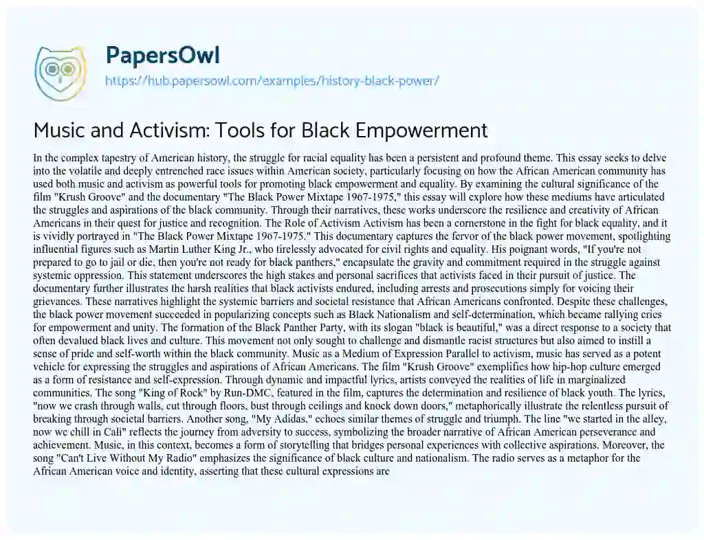 Essay on Music and Activism: Tools for Black Empowerment