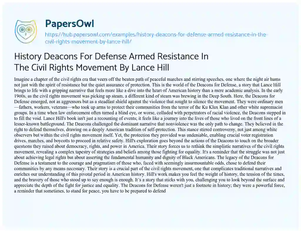 Essay on History Deacons For Defense Armed Resistance In The Civil Rights Movement By Lance Hill