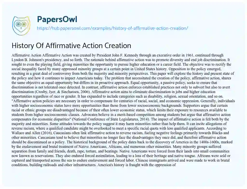 Essay on History Of Affirmative Action Creation